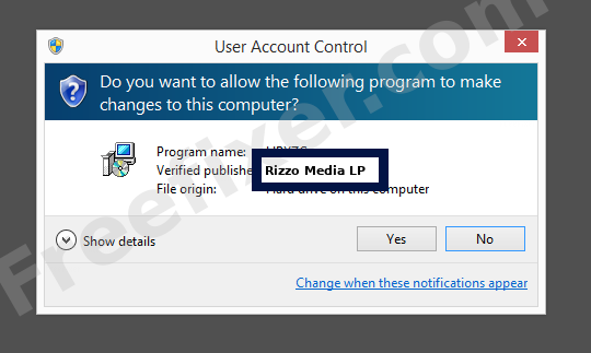 Screenshot where Rizzo Media LP appears as the verified publisher in the UAC dialog
